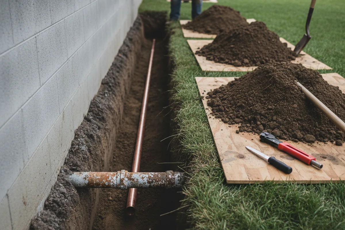Excavated water line trench during Water Softener Installation in Noxapater
